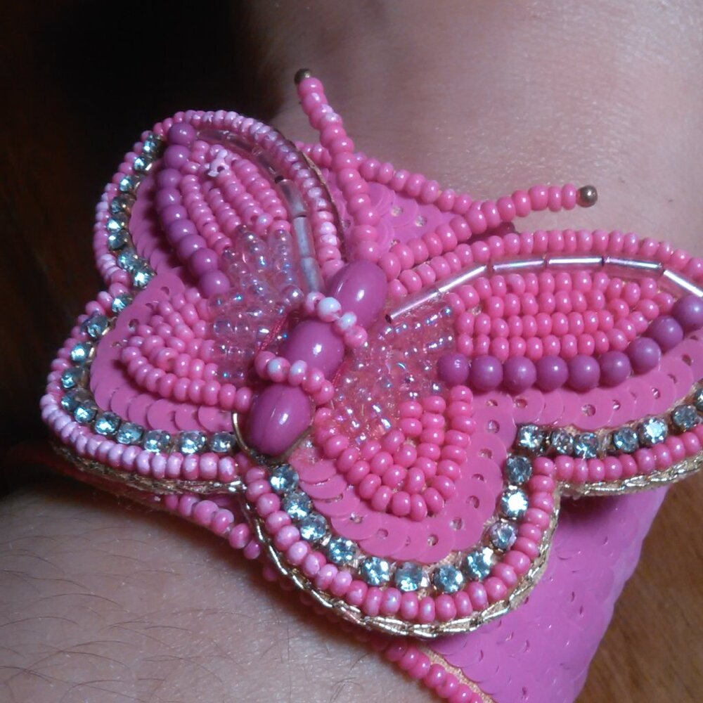 Handcrafted Fushsia Seed Beaded Butterfly Cuff Bracelet